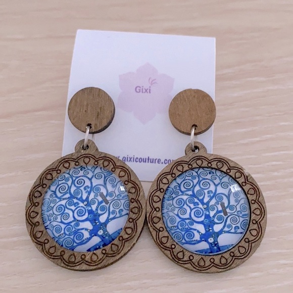 Tree of life wooden blue earrings - Picture 2 of 5